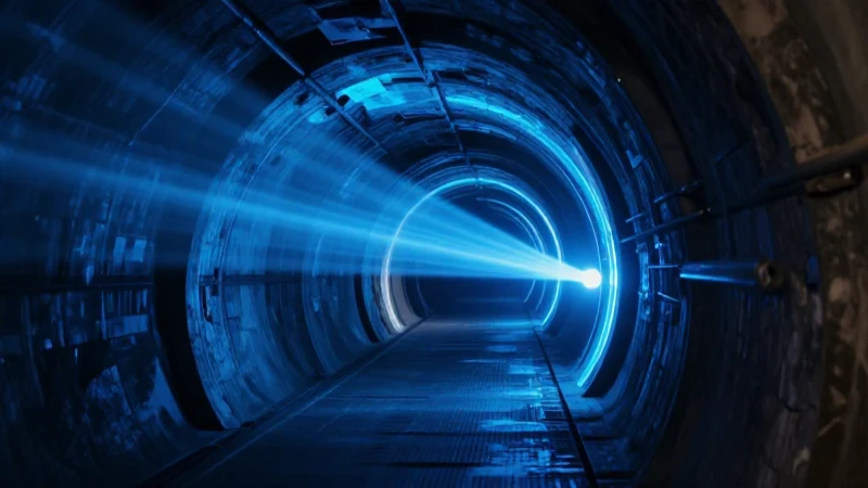 Túnel futurista iluminado con luz azul vibrante