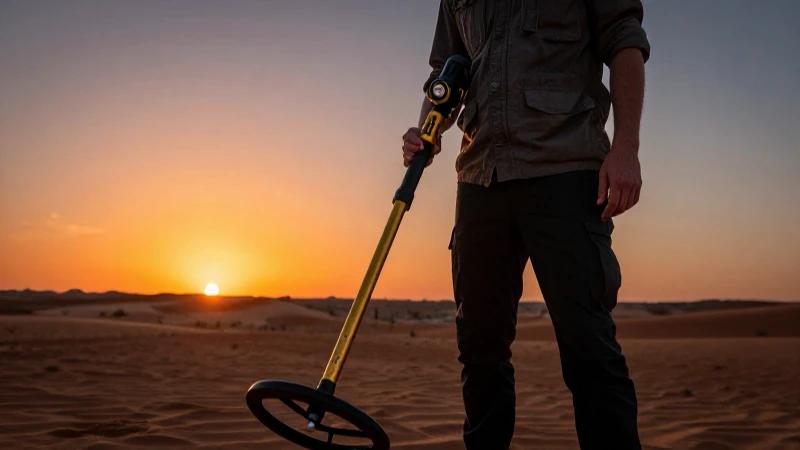 Prospector busca oro al atardecer del desierto