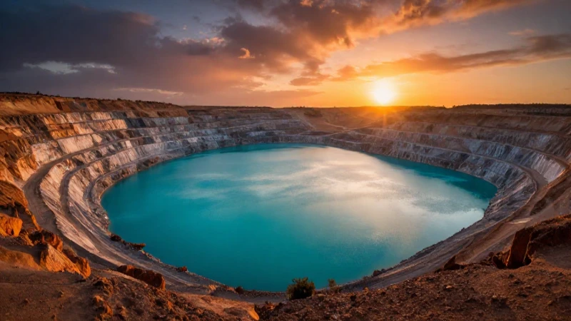 Atardecer cinematográfico en mina turquesa hiperrealista