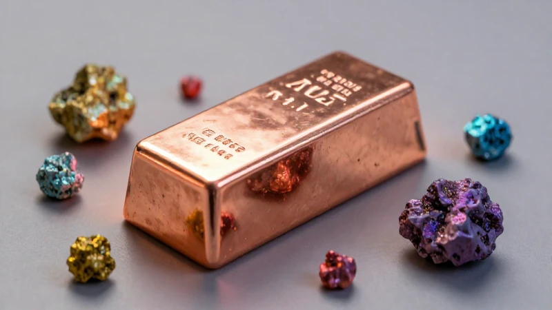 Cobre pulido y minerales en iluminación dramática