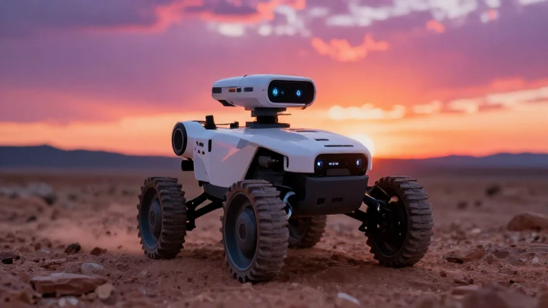 Cuáles son los beneficios y características de OKM Rover UC 4 Robot en desierto al atardecer cinematográfico