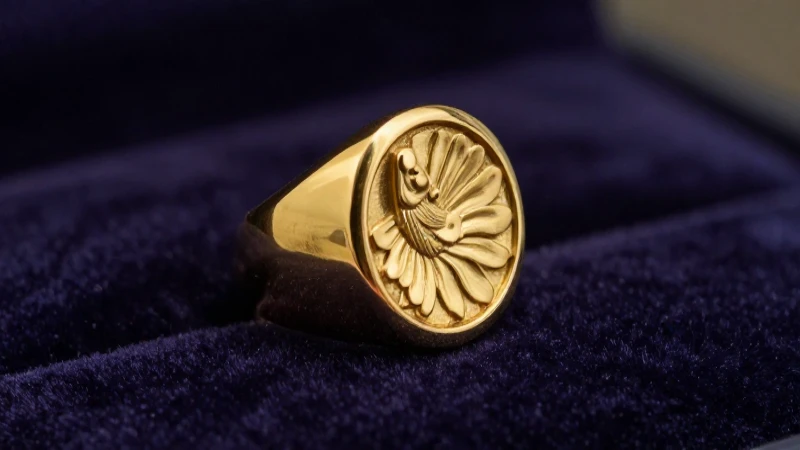 Anillo papal dorado en primer plano brillante