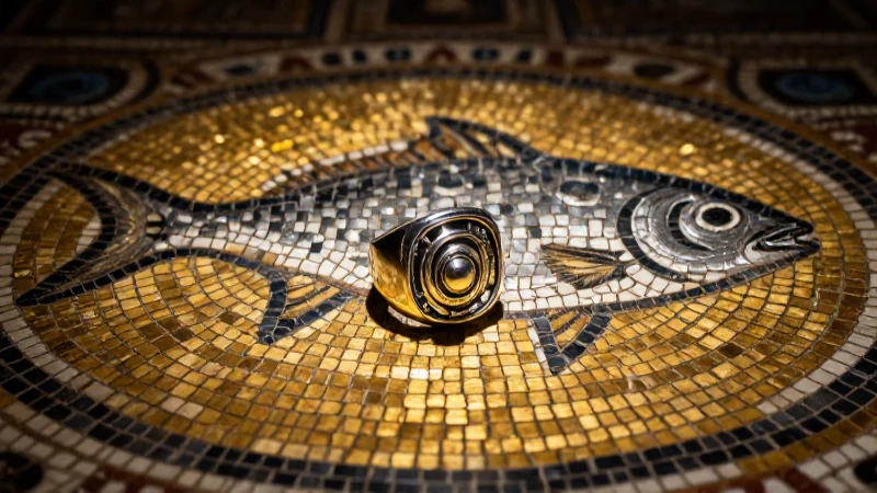 Anillo papal antiguo sobre mosaico brillante