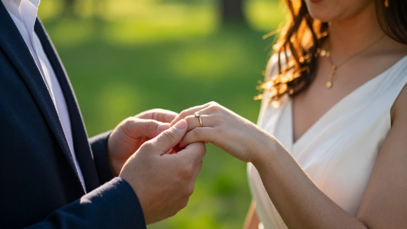 Pareja enamorada intercambia anillos al atardecer