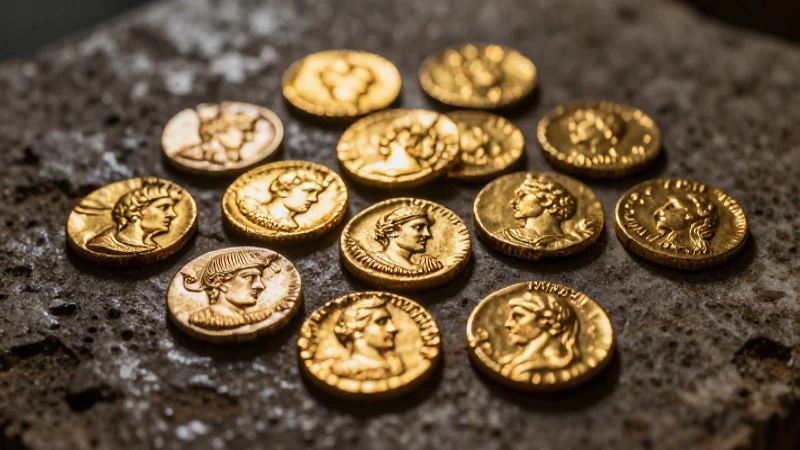 Monedas antiguas en oro, luz dramática