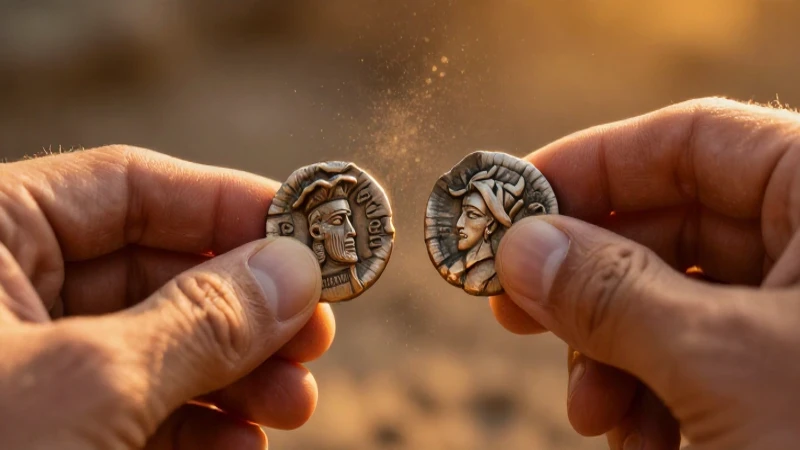 Monedas sirias antiguas bajo luz dorada
