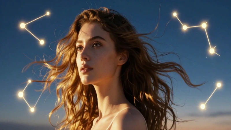 Mujer etérea bajo cielo estelar dorado