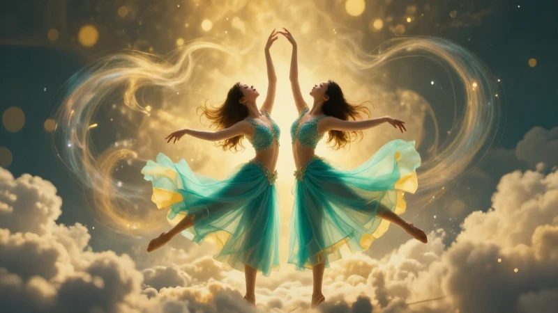 Gemelos bailan en luz dorada y vibrante