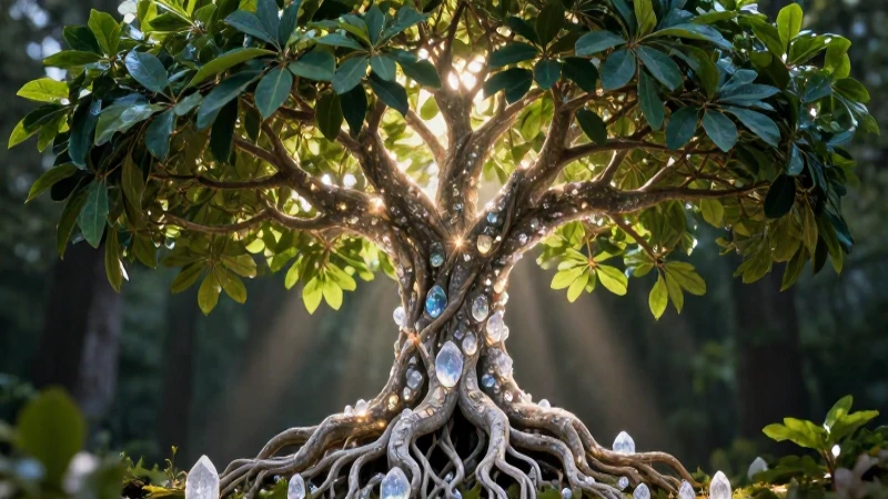 Árbol vibrante y cristalino con luz etérea