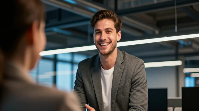 Profesional joven sonríe en oficina moderna