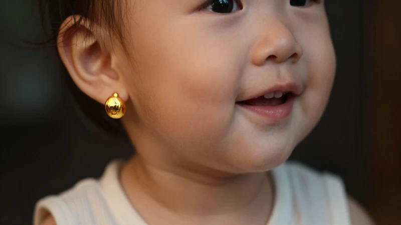 Niña sonríe con elegantes pendientes dorados