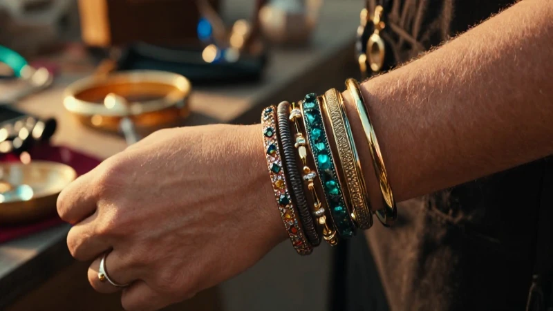 Pulseras llamativas en la muñeca con luz dorada