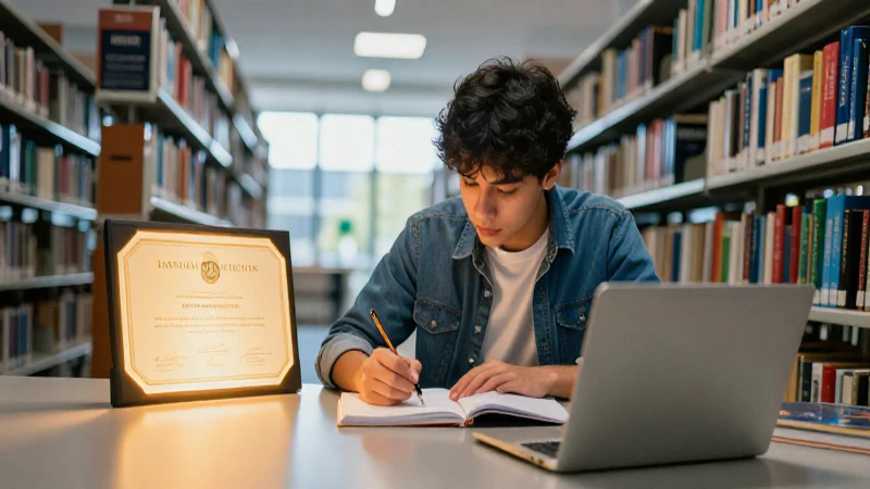 Cuántas becas universitarias entrega Peña Colorada 2 Estudiante estudia con beca en biblioteca iluminada