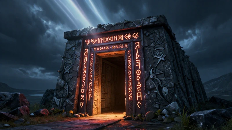 Tumba vikinga, runas brillantes y ambiente misterioso