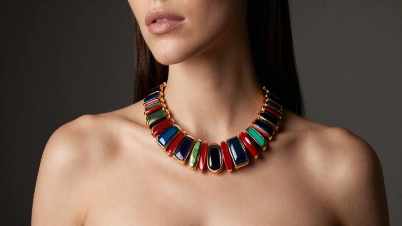 Mujer elegante resalta con collar llamativo