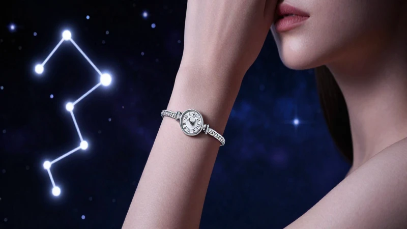 Mujer con pulsera zodiacal, fondo estelar