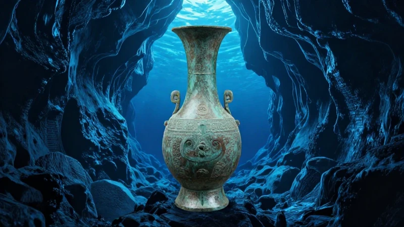 Jarra de bronce en océano azul fotorealista
