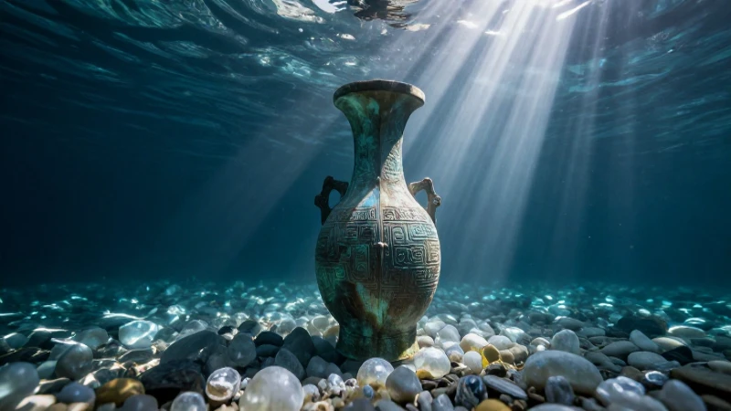 Antiguo jarrón bronceso en río misterioso