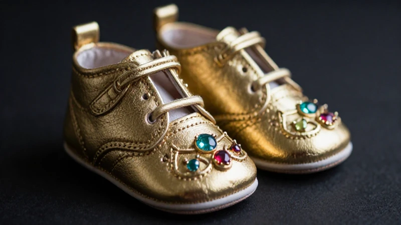 Zapatos de bebé dorados en primer plano