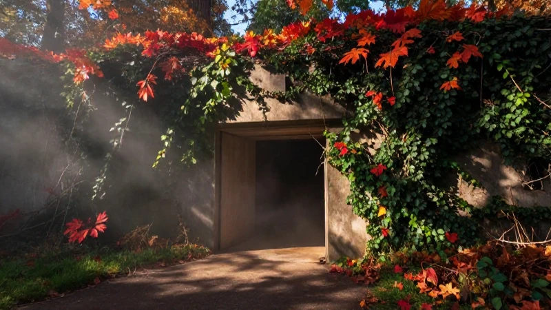 Búnker sombrío cubierto de hiedra en otoño