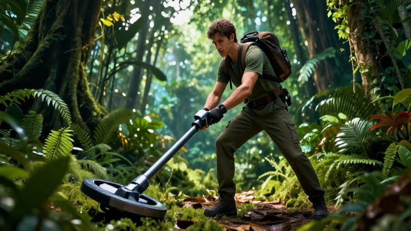 Aventurero busca tesoros en la jungla futurista
