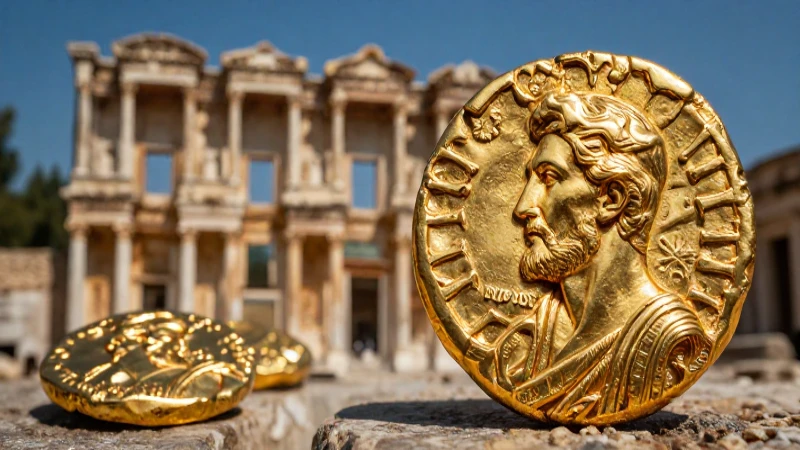 Monedas bizantinas doradas en ruinas impactantes