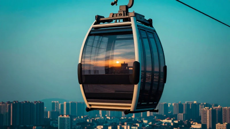 Teleférico moderno refleja ciudad en vidrio