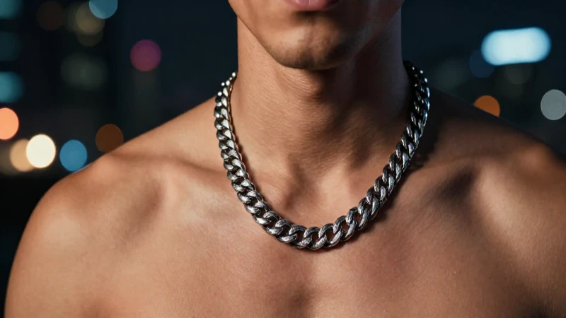 Hombre atractivo con cadena en iluminación dramática