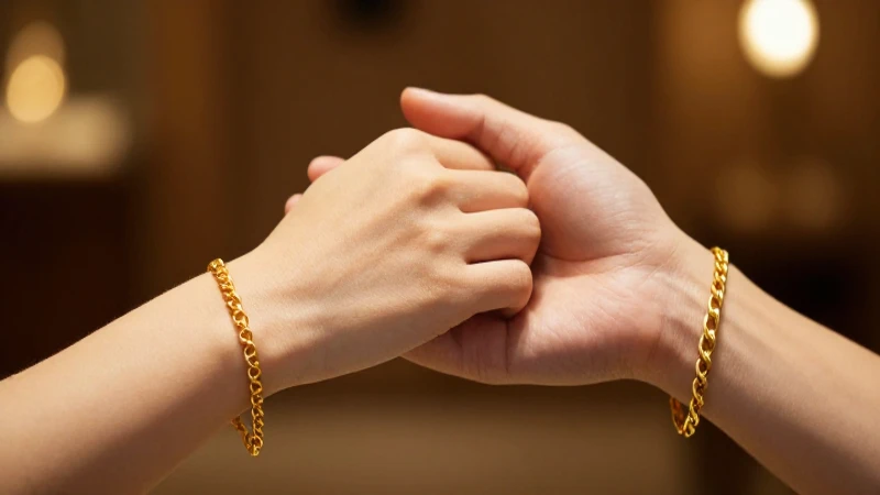 Pareja abrazada con joyería dorada brillante