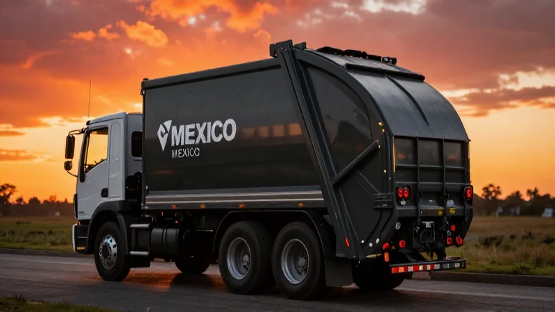 Camión reciclador en atardecer dramático y profesional
