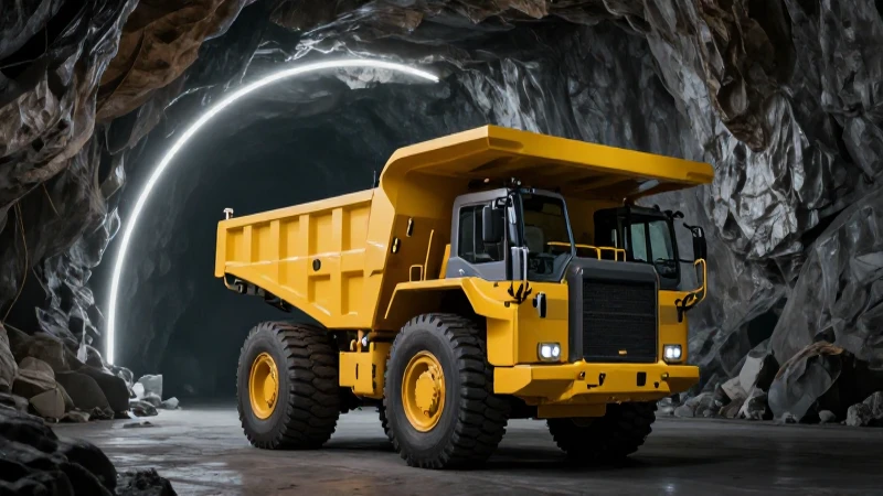 Camión minero eléctrico en caverna, impactante y futurista