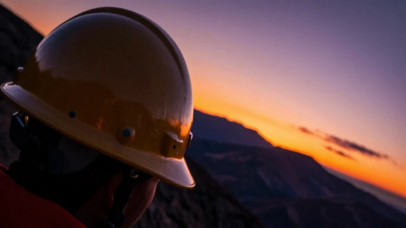 Casco minero refleja atardecer dramático