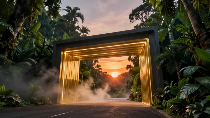 Entrada minera dorada épica al atardecer
