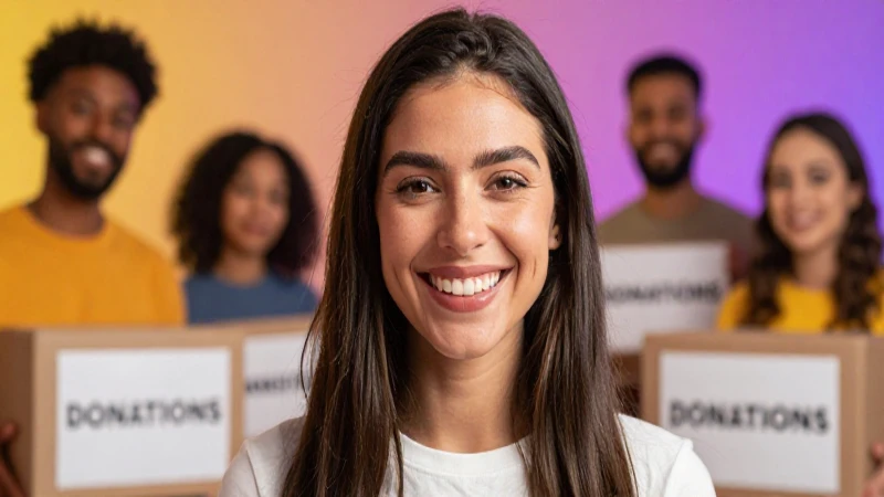 Mujer sonriente dona dinero, ambiente cálido y acogedor