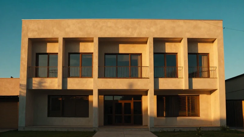 Fachada vibrante bajo luz cinematográfica y moderna