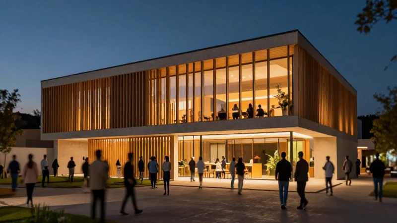 Fachada moderna con ambiente cálido y dinámico