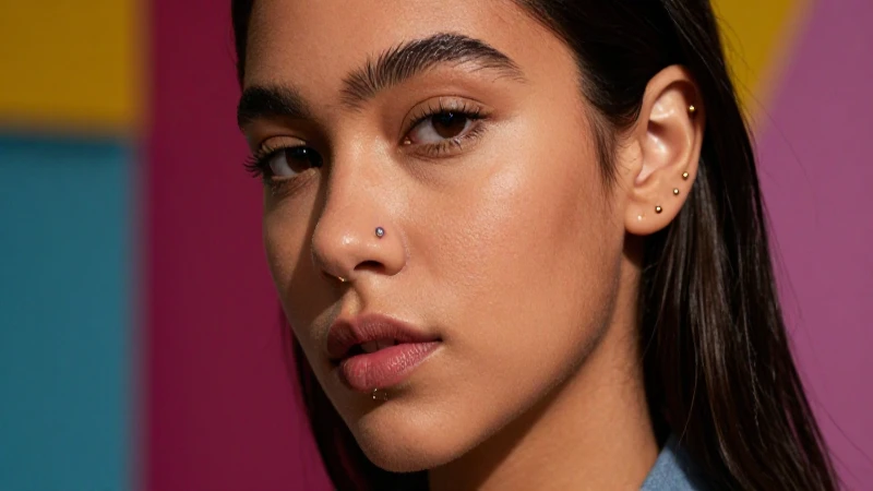 Retrato moderno destaca joyas y piercings expresivos