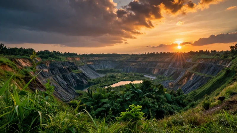 Paisaje minero con puesta de sol vibrante