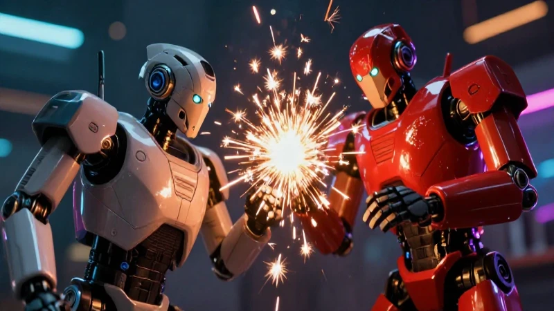 Robots luchan intensamente con iluminación futurista