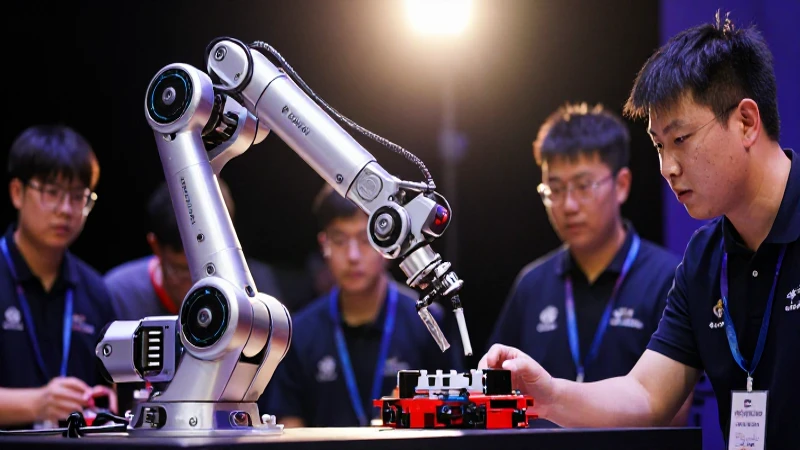 Robot competidor exhibe diseño futurista y vibrante