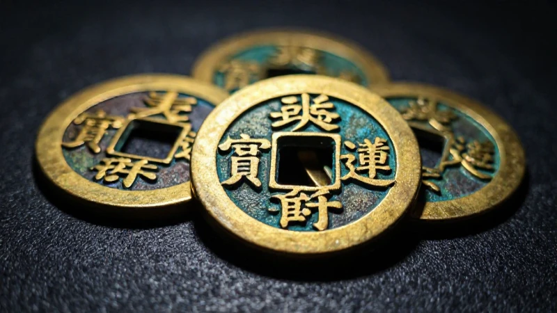 Monedas chinas antiguas, lujo fotográfico dorado