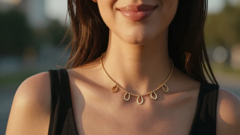 Mujer sonríe con collar en luz dorada