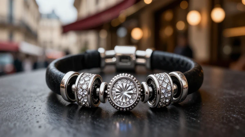 Pulsera de cuero con encantos plateados brillantes