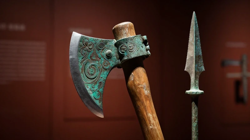 Hacha y lanza antiguos en exhibición realista