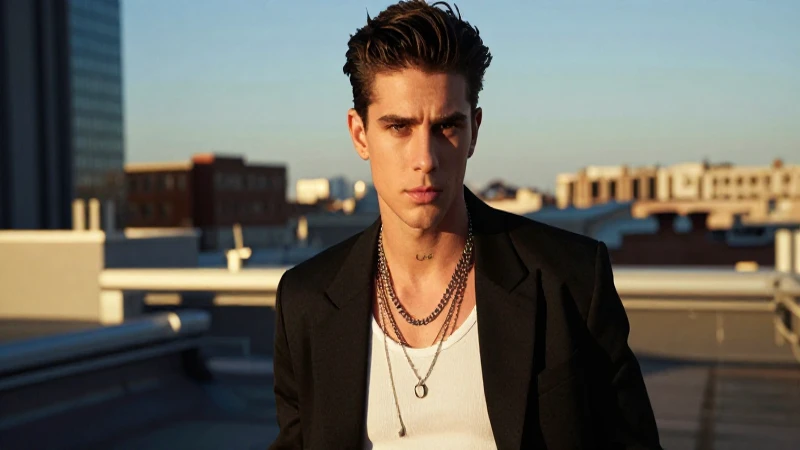 Buscas collares de moda para hombres ¡Descubre los estilos! 2 Hombre elegante en azotea, luz dorada