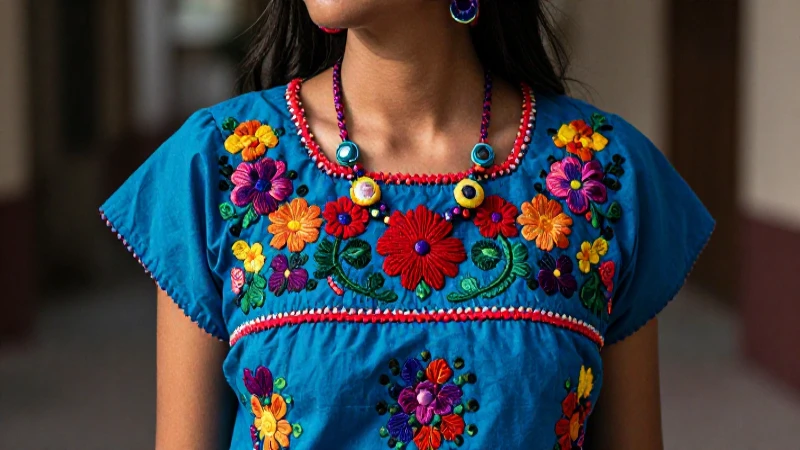 Vestido bordado y joyería mexicana vibrantes