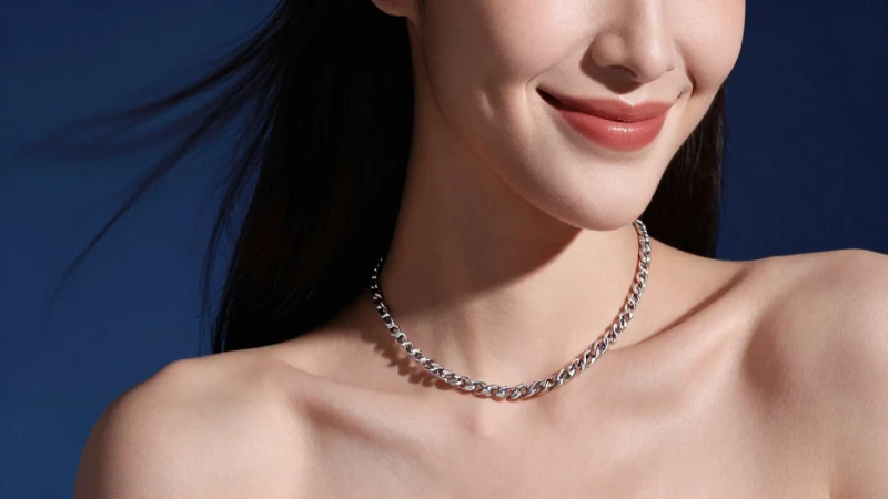 Mujer sonríe con elegante collar plateado