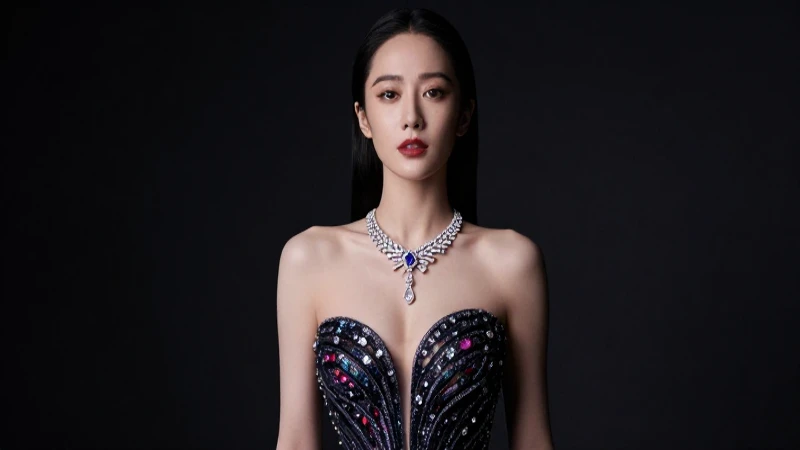 Mujer elegante en vestido con joyas brillantes