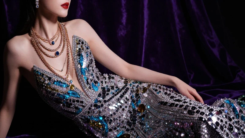 Mujer elegante resalta con joyas y sombras