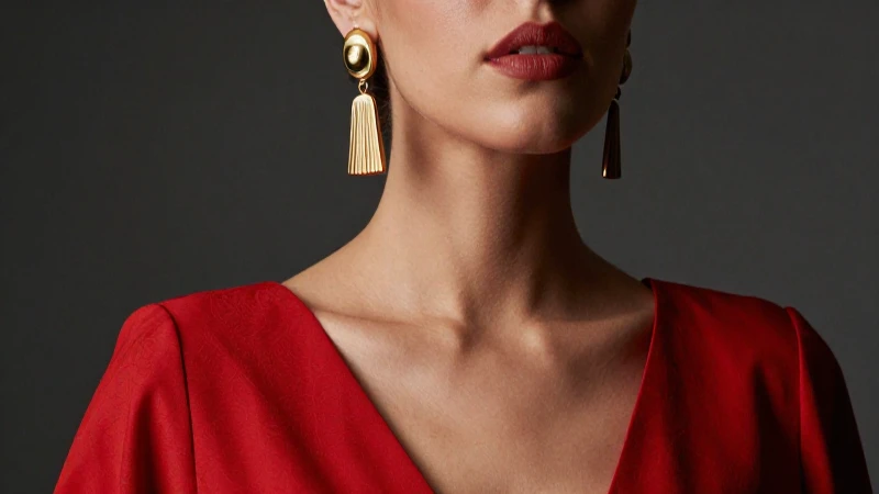 Elegante mujer con vestido rojo y joyas doradas